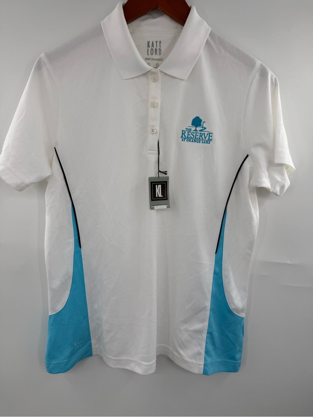Kate Lord Performance Women L Golf Polo NWT Reserve Orange Lake White Blue